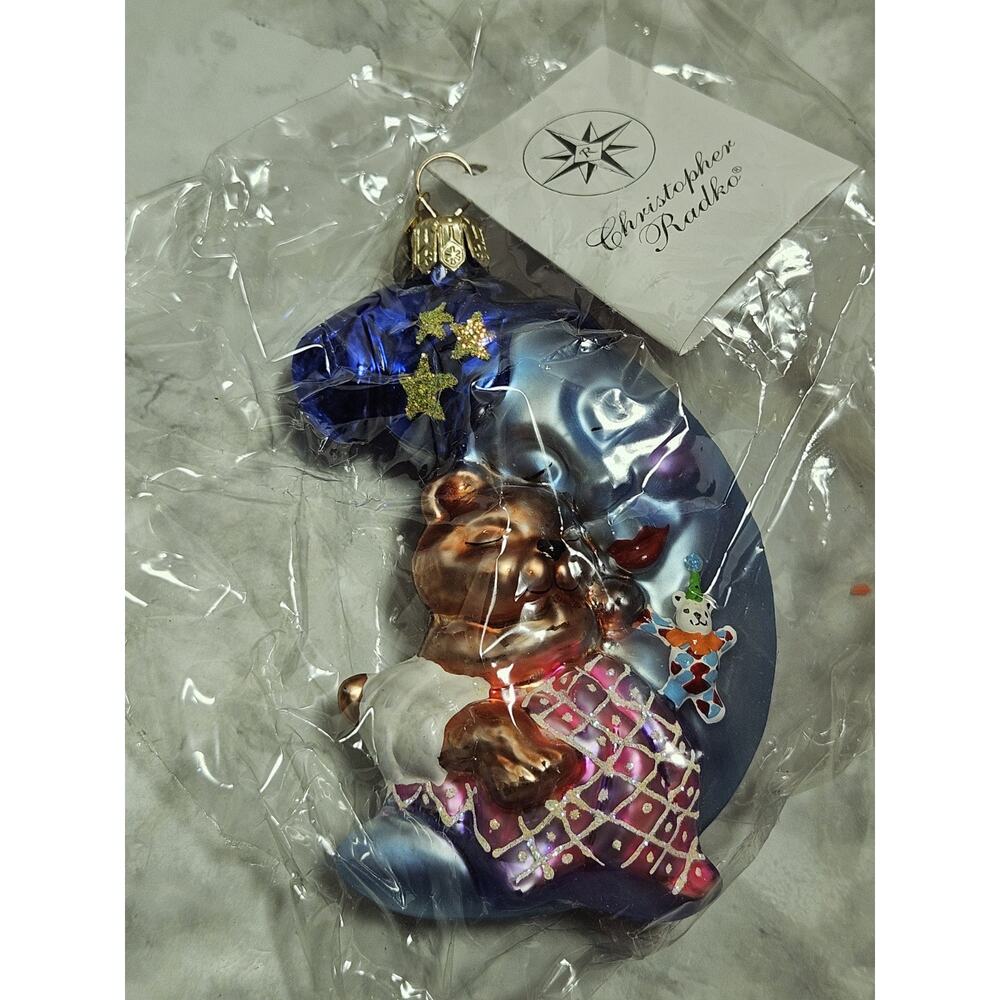 Retired Christopher Radko SNUGGLE BEAR Christmas Holiday Ornament NIB Moon FLAW